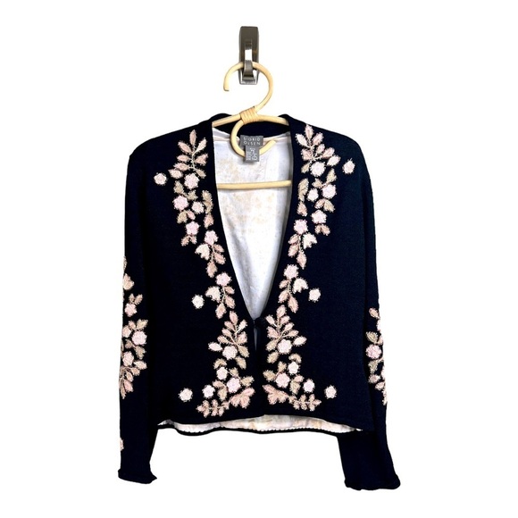 Sigrid Olsen Beaded Floral Pink Black HeavyKnit Cardigan Size SP Vintage’02 - Picture 2 of 16